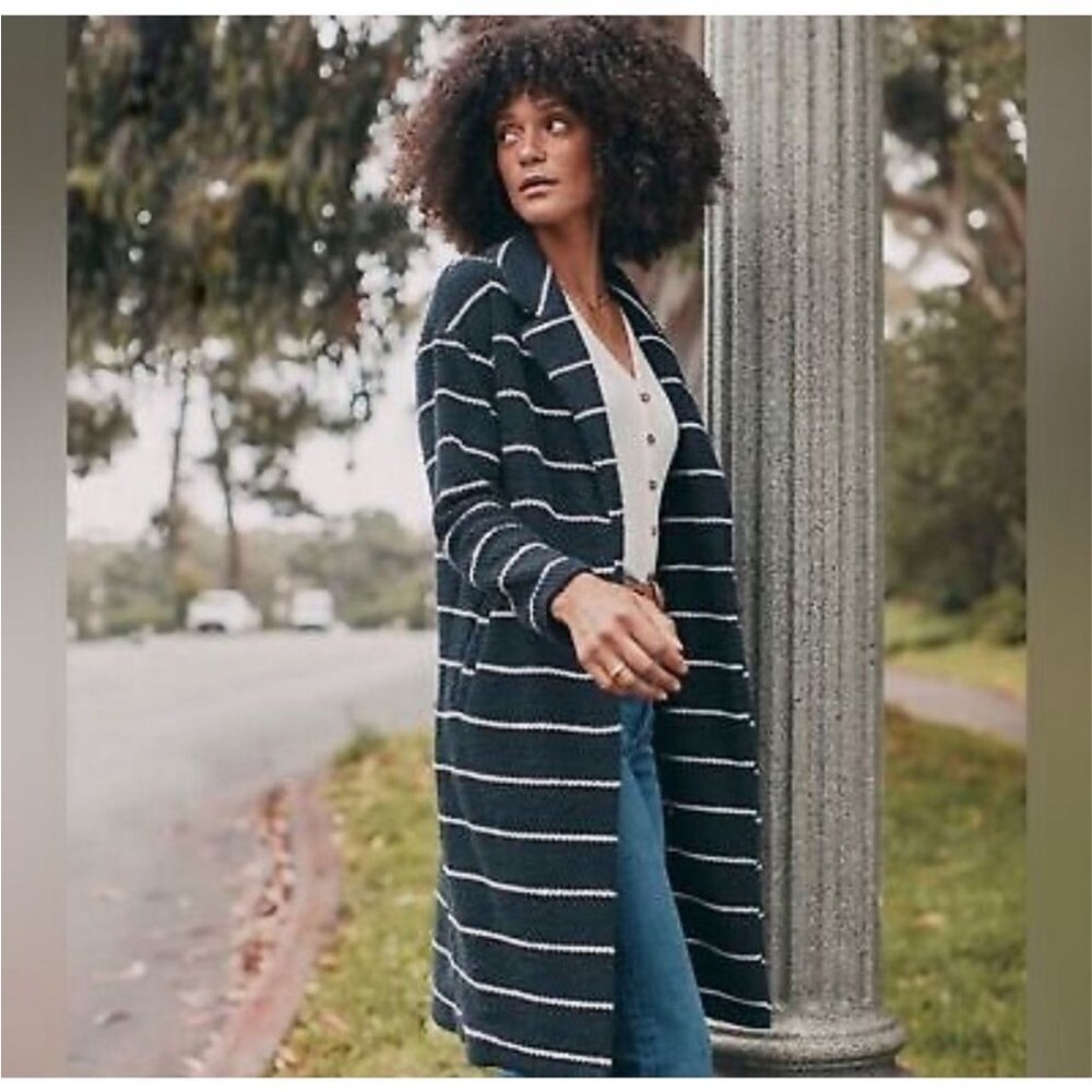 Marine Layer Birdseye Coat Cardigan Sweater Jacket Black White Stripes Medium